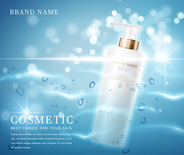 Envase de botella cosmética elegante 3D con banner de plantilla de fondo reluciente de agua brillante
. - Vector, Imagen