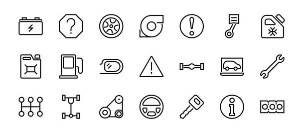 Eine einfache Reihe von Kfz-Dienstleistungen im Zusammenhang mit Vektorzeilensymbolen. Enthält Symbole wie Öl, Diagnose, Turbine, Lenkrad, Fahrwerk, Getriebe und vieles mehr. Editierbare Bewegung. 480x480 Auf weißem Hintergrund - Vektor, Bild