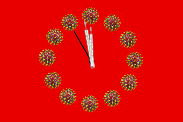 Δώδεκα παρά ένα λεπτό, Coronavirus, Covid-19 απεικονίζεται ως ένα ρολόι σε ένα κόκκινο φόντο - Φωτογραφία, εικόνα