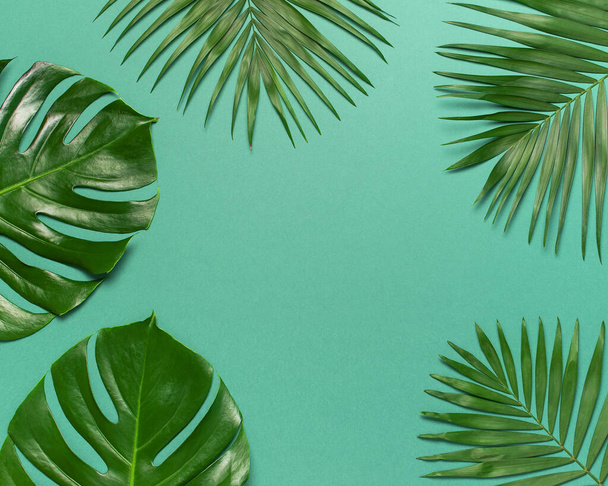 Creative minimal background with tropical leaves. Frame of tropical palm leaves and monstera leaf on blue emerald background. Flat lay, top view, copy space. Summer background, nature. - Foto, Imagem