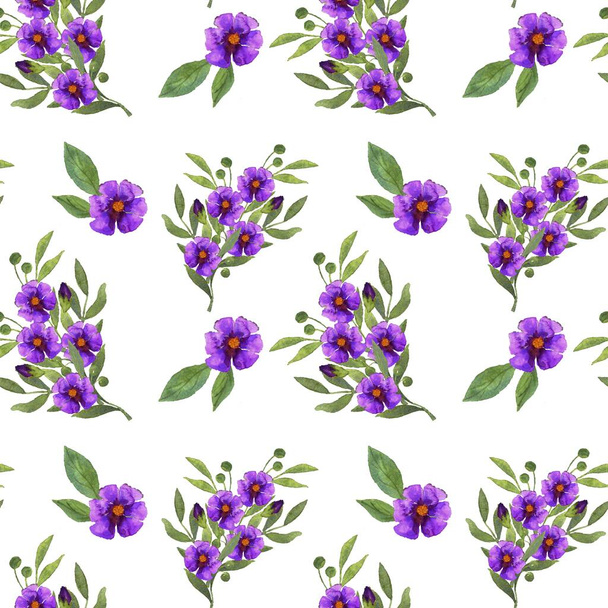 Pattern of purple watercolor floral bouquets on a white background - Zdjęcie, obraz