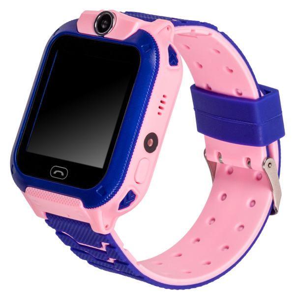 Inteligentny zegarek dla dzieci z płaskim, czarnym ekranem do napisów, przyciskiem wywołania, kamerą wideo z niebieskim i różowym paskiem silikonowym izolowanym na białym tle. Widok 3 / 4 - Zdjęcie, obraz
