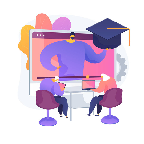 Education for older people. Senior couple of people watching online courses on laptop, getting academic degree. Webinar, internet seminar. Vector isolated concept metaphor illustration - Vector, Image