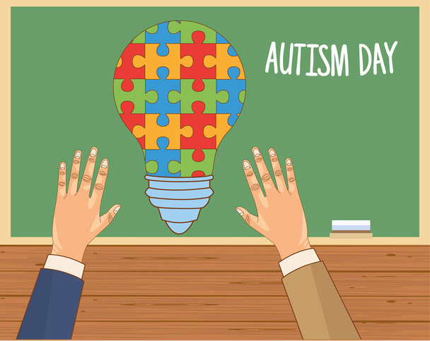 world autism day with hands and puzzle game pieces - Διάνυσμα, εικόνα
