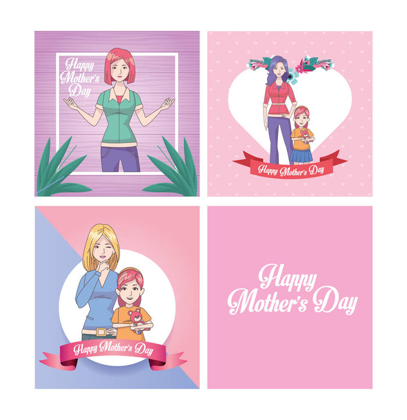 happy mothers day card with moms and kids - Vektor, obrázek