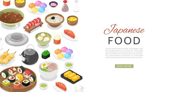 Японська їжа з суші-рулонами, сашімі, локшиною і місо суп-банером карикатурний вектор. - Вектор, зображення