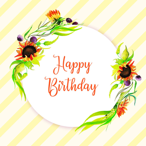 Watercolor Floral Happy Birthday Frame Background - Vector, imagen