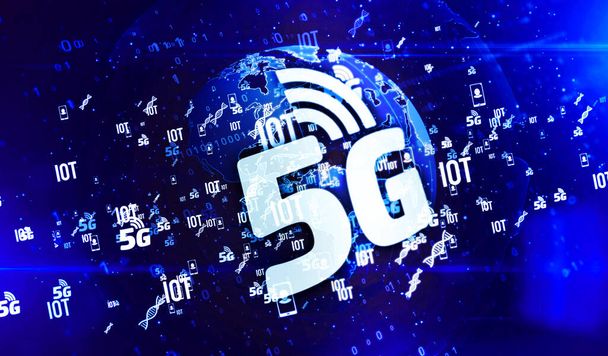 5G mobile communications, iot, data transmission, digital wireless network symbols on digital globe 3d illustration. Abstract concept background of future technology, business globalization. - Photo, Image