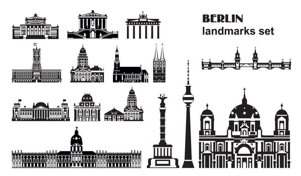 A berlini tereptárgyak vektorkészlete, Németország. Monokróm elszigetelt illusztráció. Berlini utazási koncepció. A fehér alapon elszigetelt főbb tereptárgyak horizontális illusztrációja. Készletillusztráció - Vektor, kép