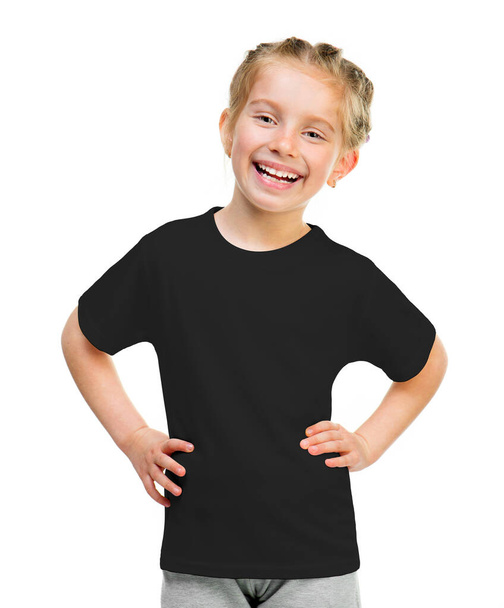 Cute little girl on black t-shirt - Fotoğraf, Görsel