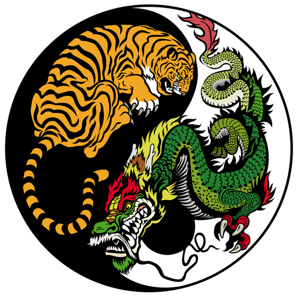 Smok i Tygrys yin yang symbol - Wektor, obraz