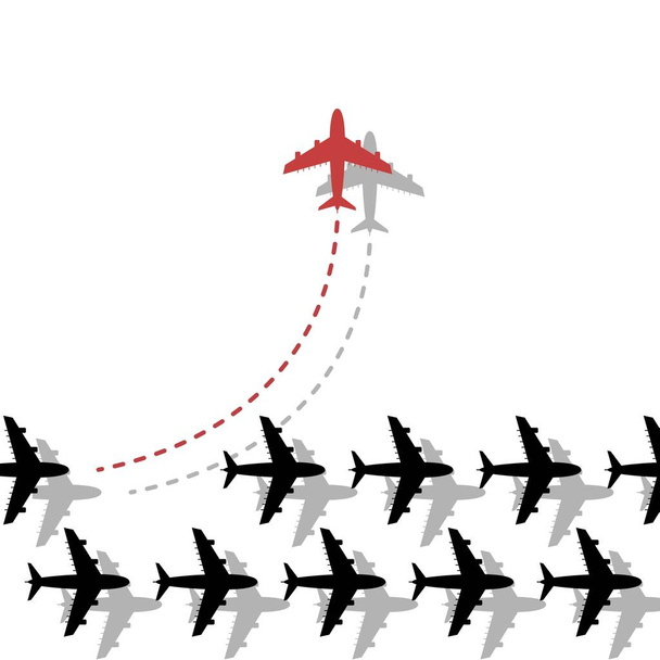 Think different business concept illustration, Red airplane changing direction and white ones. - Vector, Image