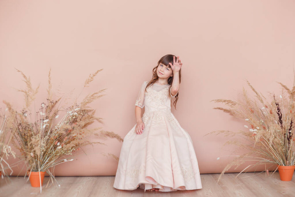 Young model girl in beige dress posing on pastel color background with deadwoods in pot - Foto, Imagen