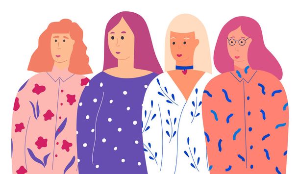 Четыре девушки или девушки, одетые в модную одежду, стоят вместе. Группа друзей или феминистских активистов. Женщины мультяшные персонажи изолированы на белом фоне. Плоская цветная векторная иллюстрация
 - Вектор,изображение