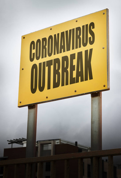 Ognisko choroby koronawirusowej żółty znak ostrzegawczy. - Zdjęcie, obraz