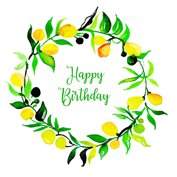 Watercolor Floral Happy Birthday Wreath Background - Διάνυσμα, εικόνα