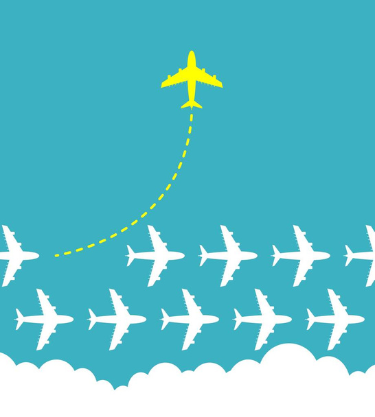 Think different business concept illustration, Bright yellow airplane changing direction and white ones. - ベクター画像