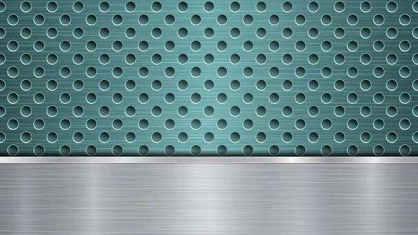 Fondo de superficie metálica perforada azul claro con agujeros y placa pulida horizontal plateada con textura metálica, reflejos y bordes brillantes
 - Vector, Imagen