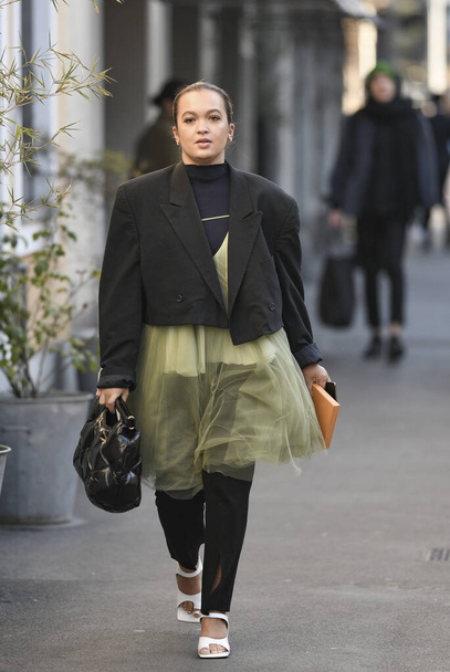 Milan, Italy - February 21, 2020: Street style appearance during Milan Fashion Week - streetstylefw20 - Photo, image