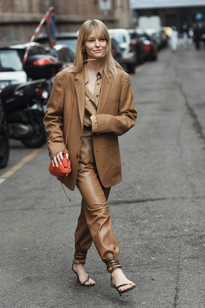 Milan, Italy - February 21, 2020: Jeanette Madsen before a fashion show during Milan Fashion Week - streetstylefw2 - Foto, afbeelding