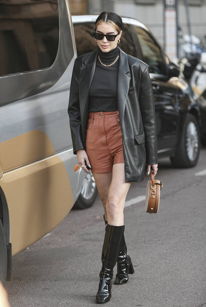 Milan, Italy - February 22, 2020: Street style appearance during Milan Fashion Week - streetstylefw20 - 写真・画像