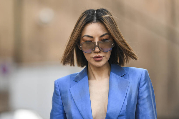 Milan, Italy - February 20, 2020: Jessica Wang before a fashion show during Milan Fashion Week - streetstylefw20 - 写真・画像