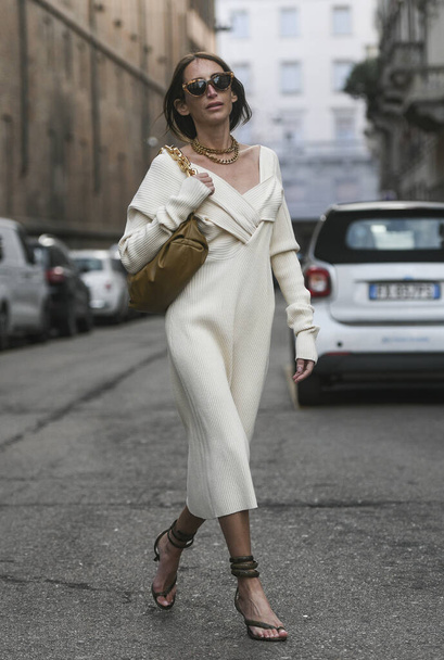 Milan, Italy - February 20, 2020: Chloe Harrouche before a fashion show during Milan Fashion Week - streetstylefw2 - Fotoğraf, Görsel