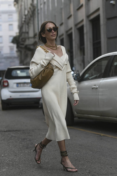 Milan, Italy - February 20, 2020: Chloe Harrouche before a fashion show during Milan Fashion Week - streetstylefw2 - 写真・画像