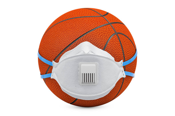 Basketball ball with filtering face mask, respirator. Cancellation of basketball match, quarantine concept. 3D rendering isolated on white background - Photo, Image