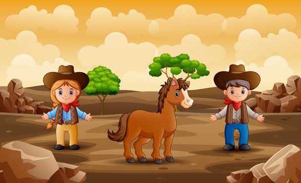 Cartoon cowboy and cowgirl with a horse in the desert - Vector, Image