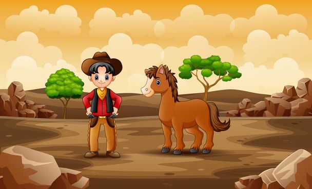 Cartoon szczęśliwy kowboj z koniem na pustyni - Wektor, obraz