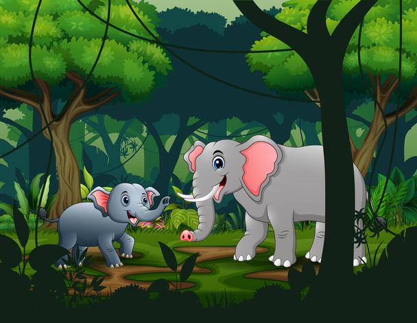 Máma a mladí sloni v džungli - Vektor, obrázek