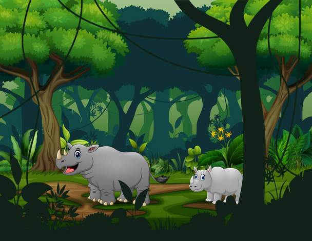 A rhino and her cub go through the forest - Vector, Image