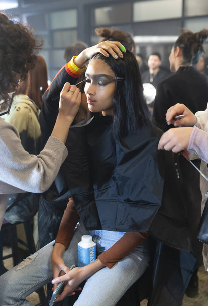 New York, NY - February 08, 2020: A model prepares backstage for the R13 Fall Winter 2020 fashion show during New York Fashion Week - Photo, Image