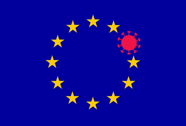 Symbol czerwonego koronawirusa COVID-19 zastępujący jedną z gwiazd w UE - Unia Europejska - flaga.  - Zdjęcie, obraz
