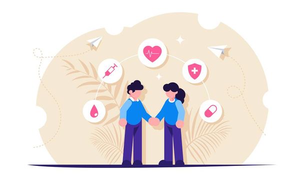 Health insurance or healthcare concept. People hold hands against the background of medical icons. Modern flat vector illustration. - Vector, Image