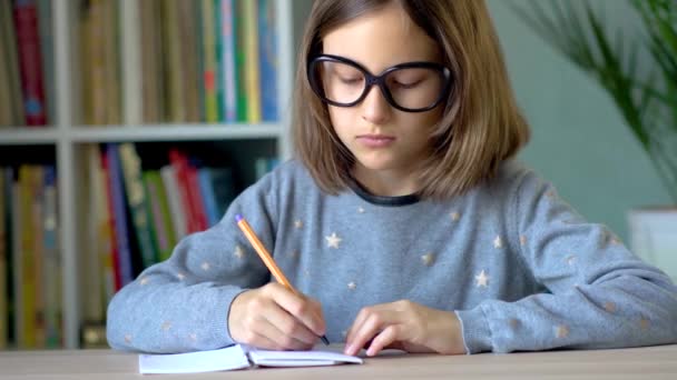 The girl writes in a notebook with a yellow pen. Front view. Close up view. - Video