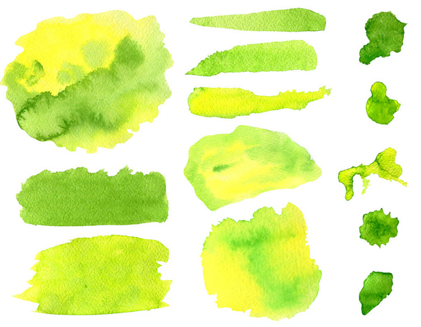 Watercolor green and yellow brush strokes and smears set. Hand drawn colorful aquarelle stripes and blots isolated on white background. Texture for text, decoration design. - Photo, Image
