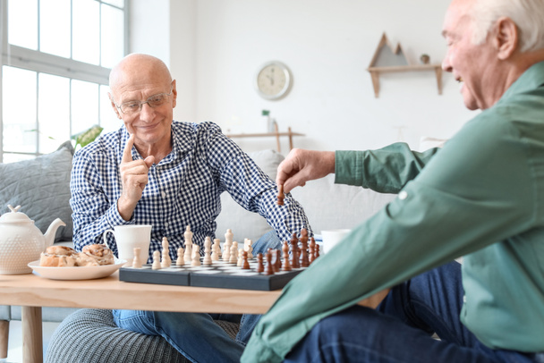 Oudere mannen spelen schaak thuis - Foto, afbeelding