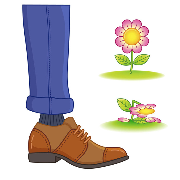 Der Fuß eines Mannes in Schuhen tritt auf eine Blume. Zerstörung der Natur, Ökologie, seltene Pflanzenarten, zerkleinerte Pflanzen - Vektor, Bild