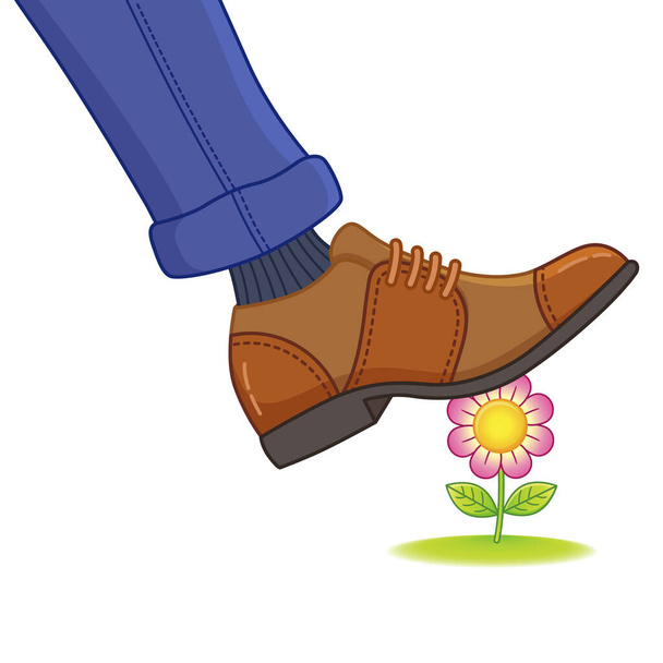 Stopa czlowieka w butach kroki na kwiatku. Zniszczenie przyrody, ekologii, rzadkich gatunków roślin, kruszonych roślin - Wektor, obraz