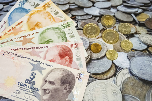 close up turkish lira banknotes and coins on background - Photo, Image