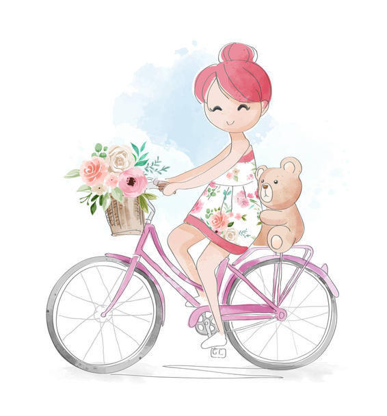 Mignonne fille et petit ours équitation vélo illustration
 - Vecteur, image