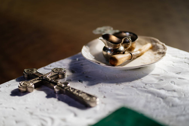 items for sacrament of wedding on table in Church - Photo, Image
