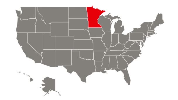 Minnesota Bundesstaat blinkt rot in der Karte von Usa hervorgehoben - Filmmaterial, Video