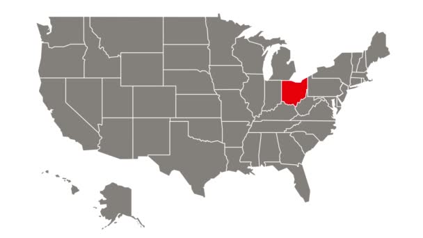 Οχάιο ομοσπονδιακό κράτος αναβοσβήνει κόκκινο τονίζεται στο χάρτη της Usa - Πλάνα, βίντεο