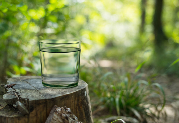 Склянка чистої прісної води на старому дерев'яному пні. Зелений фон природи
. - Фото, зображення