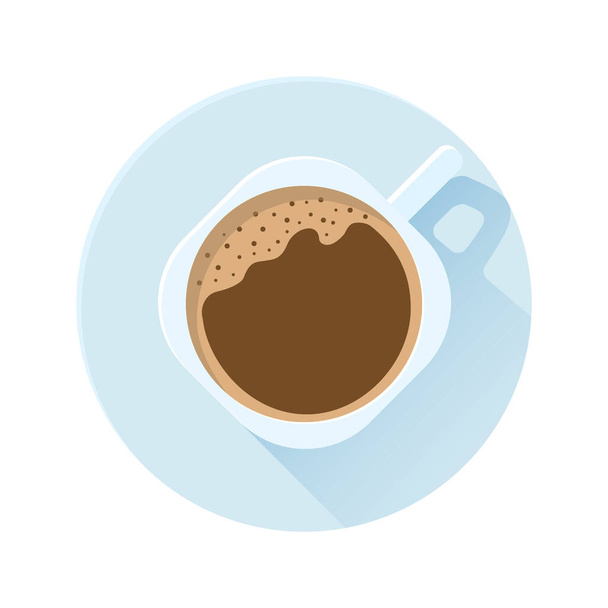 Coffee with foam in a cup and with a saucer. Vector illustration of top view on a white back. Great for graphic design of posters, postcards, menus. The central part can be used as a frame for text. - Vector, Image