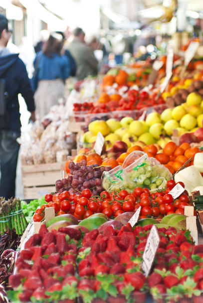 Fruit market with various colorful fresh fruits and vegetables - Fotoğraf, Görsel
