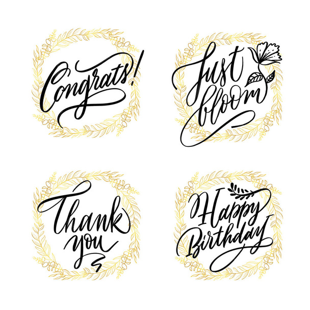 Set of hand-written phrases. Thank you, congrats, Just bloom, Happy Birthday - Vector, Image